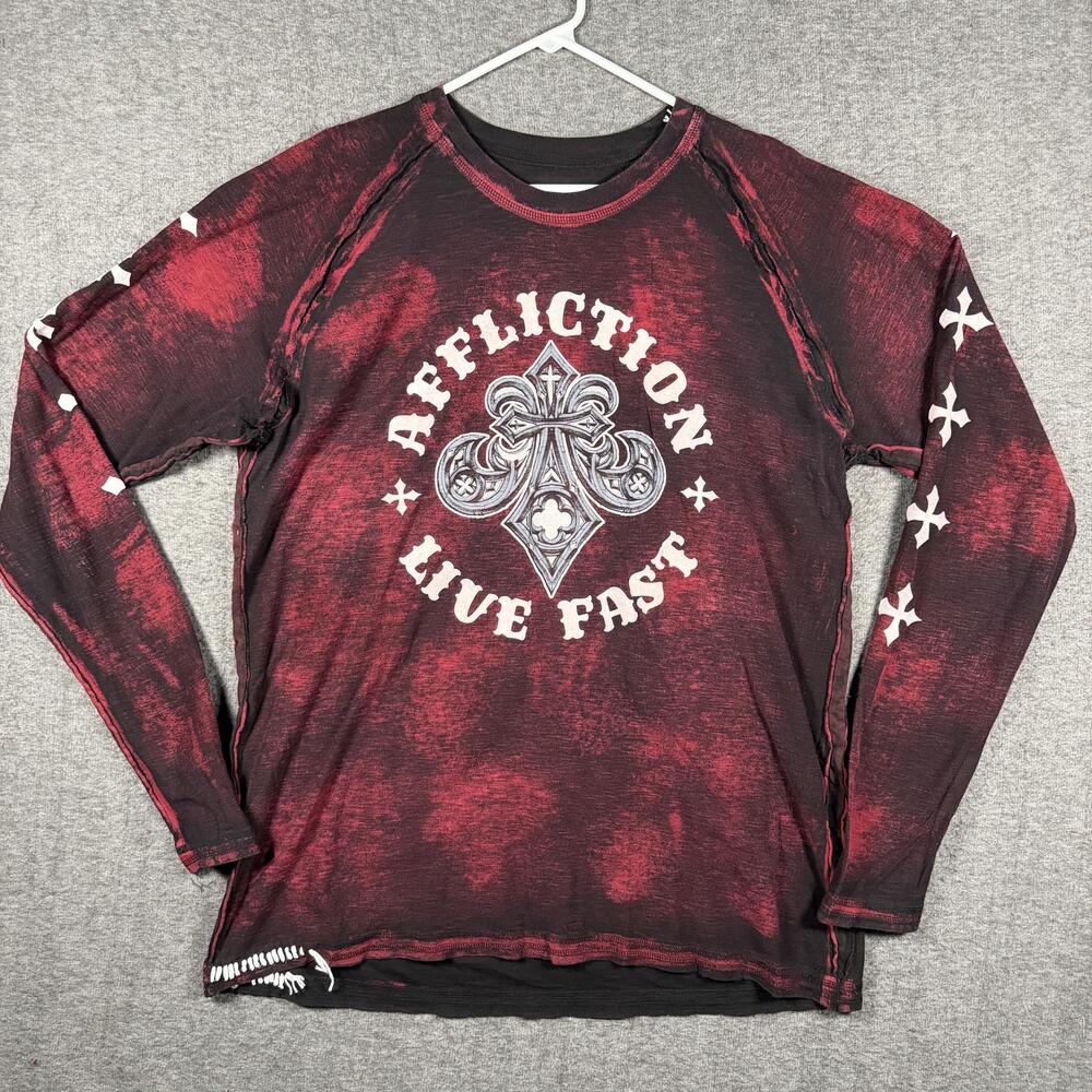 Affliction Live Fast Shirt Mens 2XL XXL Red Black Long Sleeve Cross Wings Biker